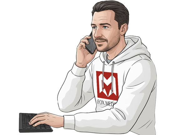 Persönlicher WordPress Support Mitarbeiter von Fox Medien am Telefon für schnelle Hilfe, Updates und Webseiten-Wartung