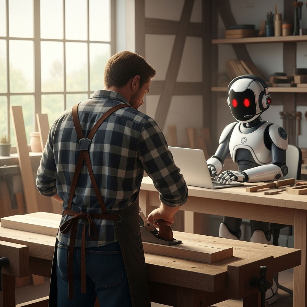 Ein Tischler bei der Arbeit im Wendland, während ein hochrealistischer KI-Roboter im Hintergrund Website-Anfragen am Laptop beantwortet.