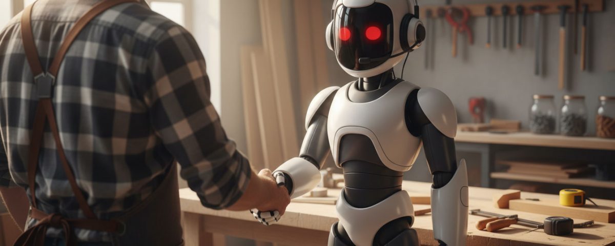 Ein Handwerksmeister im Wendland schüttelt einem modernen KI-Roboter in seiner Werkstatt die Hand – Symbol für das Einstellen eines digitalen Mitarbeiters.