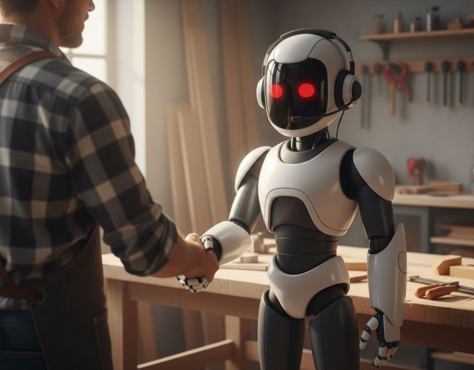 Ein Handwerksmeister im Wendland schüttelt einem modernen KI-Roboter in seiner Werkstatt die Hand – Symbol für das Einstellen eines digitalen Mitarbeiters.