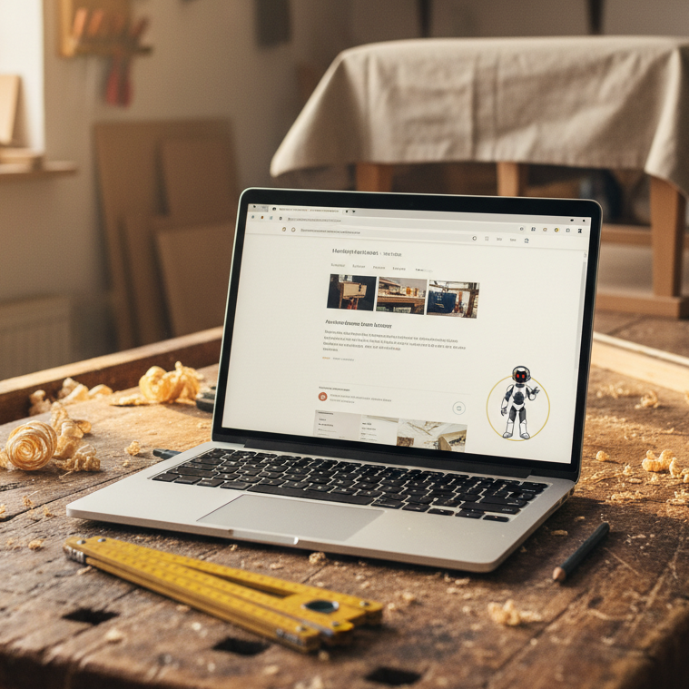 Ein Tablet auf einer rustikalen Werkbank zeigt die Website einer Tischlerei mit einem aktiven KI-Roboter im Chat-Fenster.