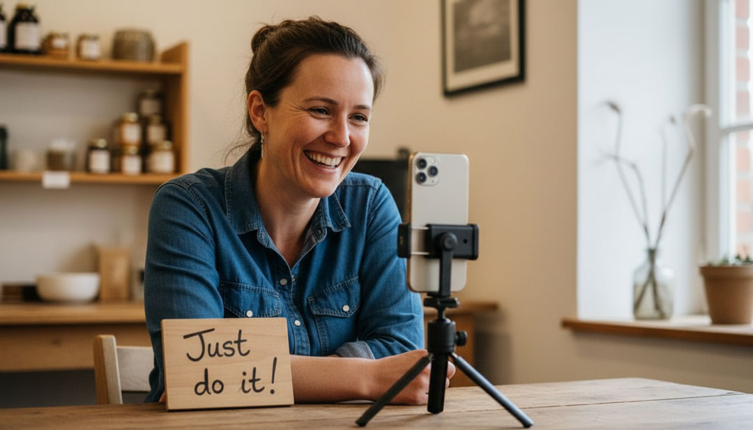 Eine sympathische Unternehmerin im Wendland lacht vor einem Smartphone auf einem Stativ; neben ihr steht ein Holzschild mit der handgeschriebenen Aufschrift „Just do it!“.