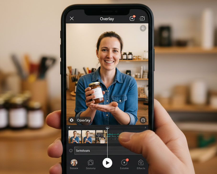 Nahaufnahme eines Smartphones im Hochformat, auf dem ein Video einer Hofladen-Inhaberin im Wendland mit der CapCut-App bearbeitet wird; die Frau präsentiert ein Produktglas und lächelt in die Kamera.
