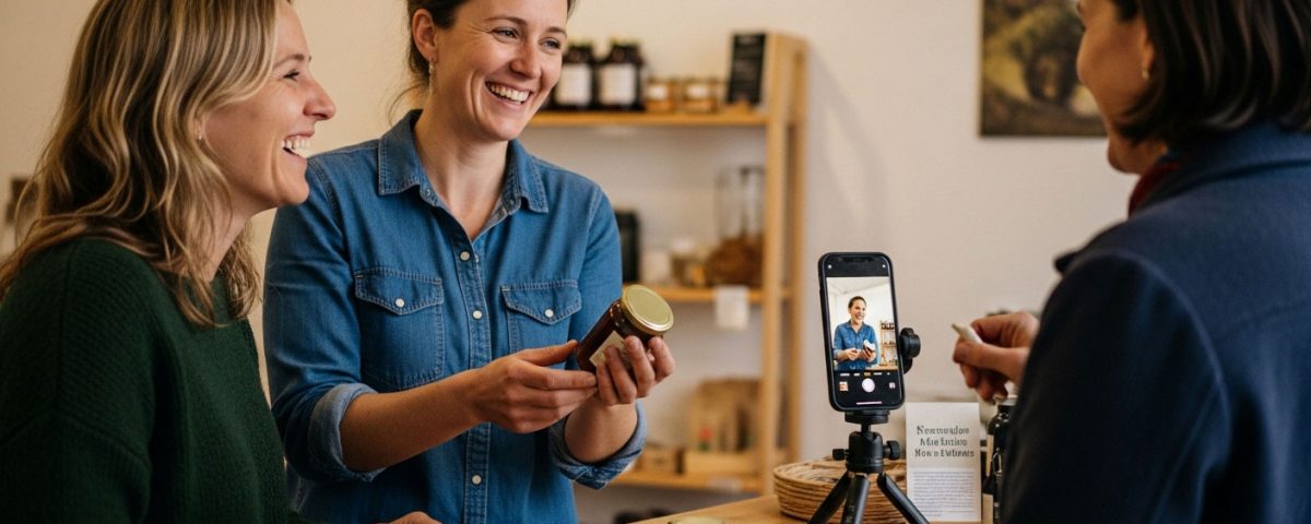 Hofladen-Besitzerin im Wendland zeigt Kundin ein lokales Produkt, während eine Smartphone-Kamera auf einem Stativ die Interaktion für Social Media aufnimmt.