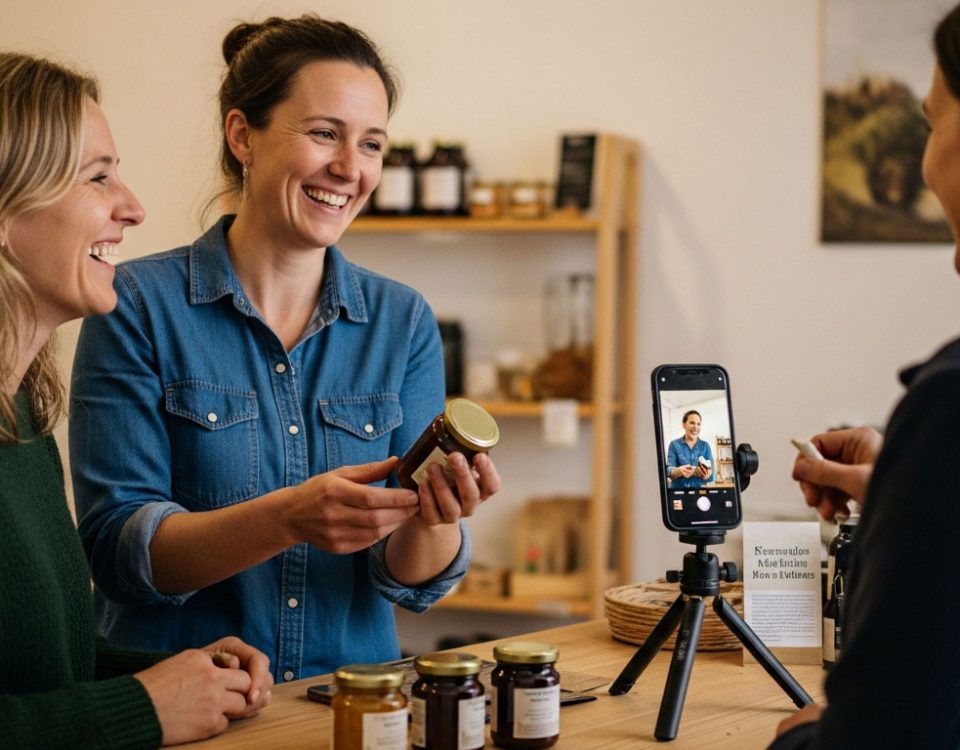 Hofladen-Besitzerin im Wendland zeigt Kundin ein lokales Produkt, während eine Smartphone-Kamera auf einem Stativ die Interaktion für Social Media aufnimmt.