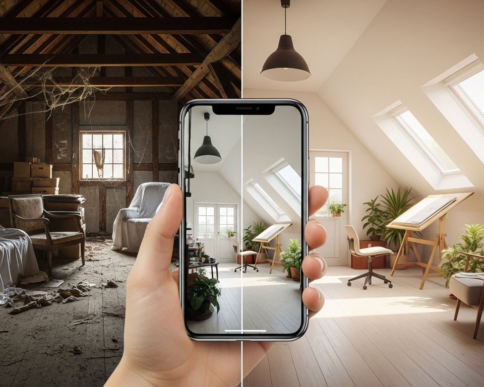 Smartphone zeigt eine Vorher-Nachher-Transformation eines Dachbodens im Wendland von alt zu modern.