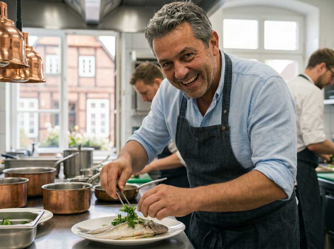 Gastgeber Stefan richtet lächelnd ein regionales Fischgericht in seiner Restaurantküche in Dömitz mit Kräutern an.
