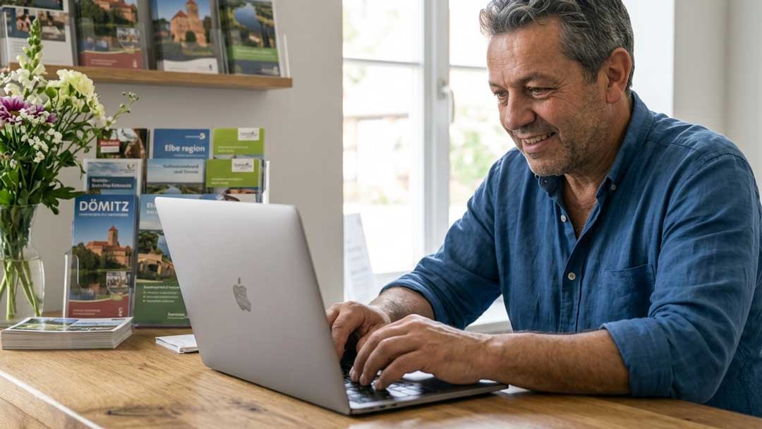 Pension-Inhaber Stefan arbeitet am Laptop an der Rezeption in Dömitz, um Gästeanfragen zu beantworten.