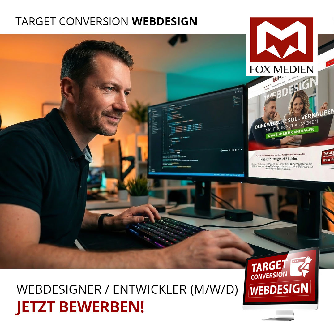 Stellenanzeige für einen Webdesigner und WordPress-Entwickler bei Fox Medien. Zu sehen ist ein fokussierter Programmierer am Schreibtisch, der an einer High-Performance-Webseite im Bereich Target Conversion Webdesign (TCW) arbeitet.