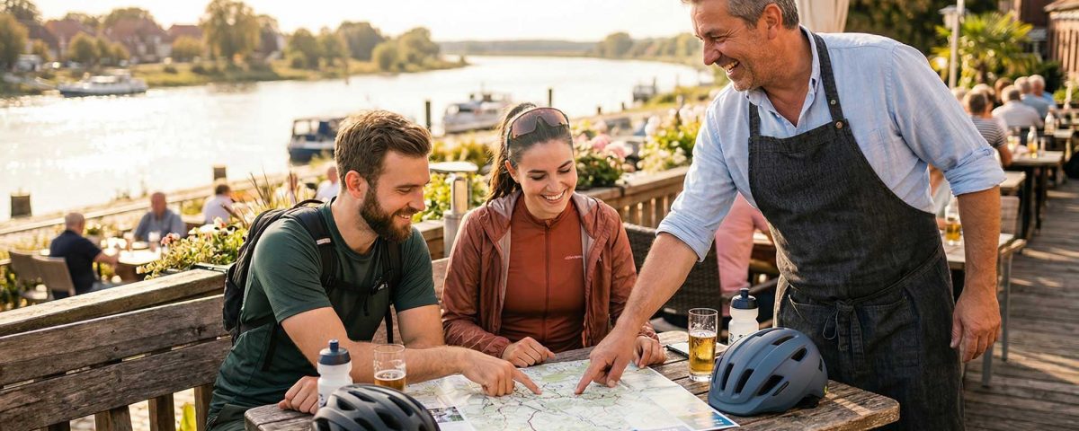 Gastgeber Stefan zeigt Radtouristen in Dömitz den Weg auf einer Wanderkarte auf seiner Terrasse direkt an der Elbe.