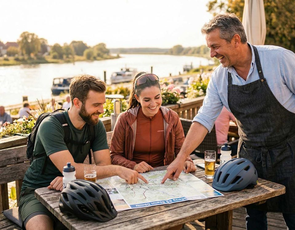 Gastgeber Stefan zeigt Radtouristen in Dömitz den Weg auf einer Wanderkarte auf seiner Terrasse direkt an der Elbe.
