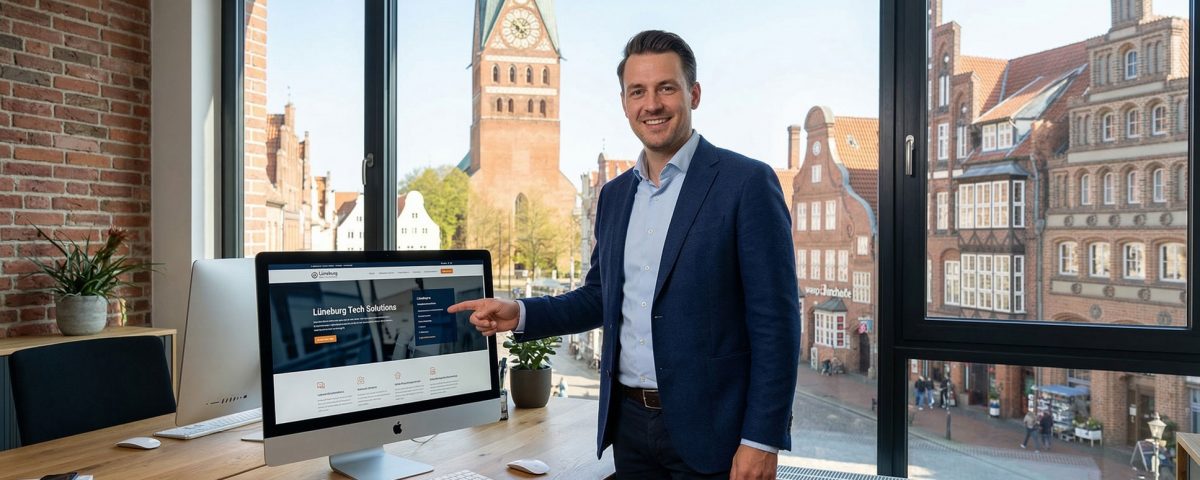 Unternehmer in Lüneburg präsentiert eine moderne Website auf einem Monitor vor der historischen Kulisse der Stadt
