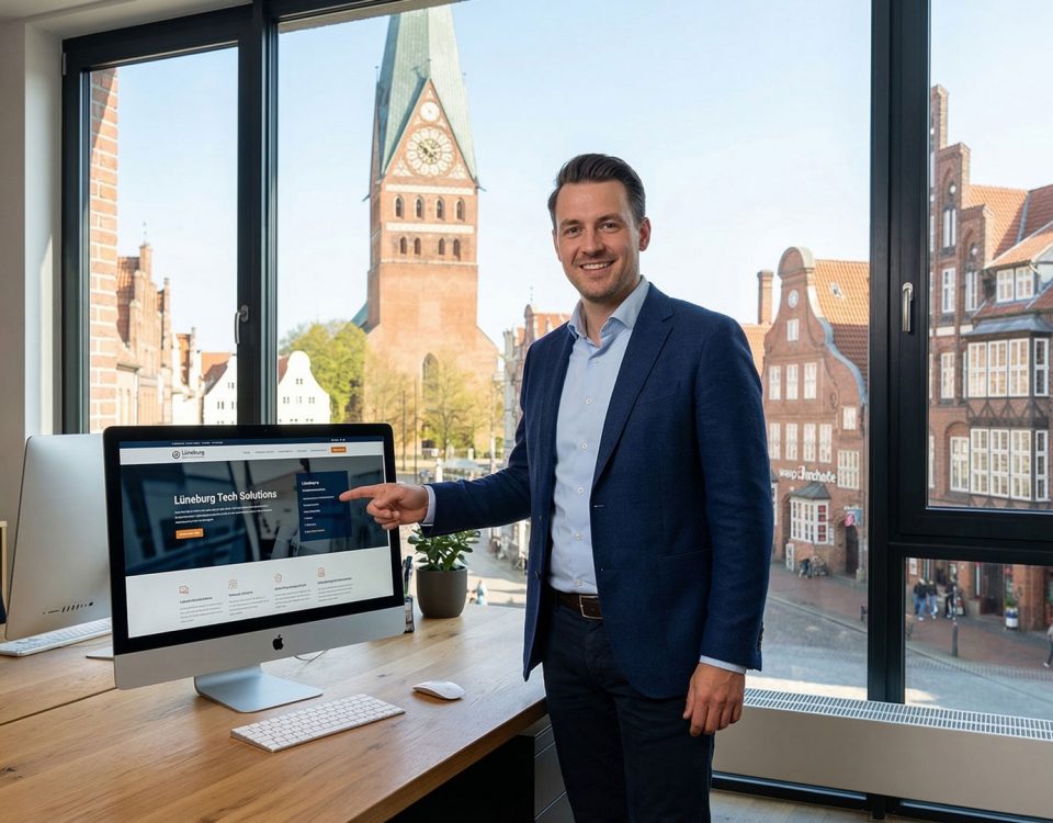 Unternehmer in Lüneburg präsentiert eine moderne Website auf einem Monitor vor der historischen Kulisse der Stadt