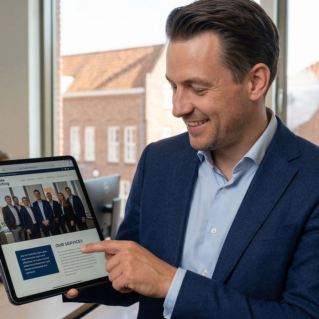 Zufriedener Unternehmer prüft inhaltliche Anpassungen seiner Website auf einem Tablet vor historischer Stadtkulisse.