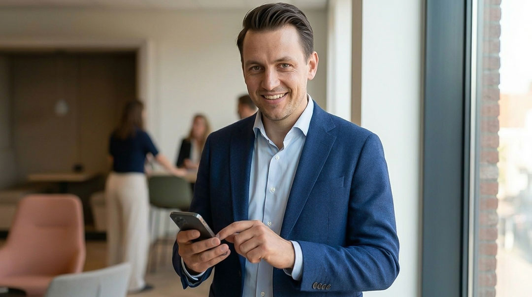 Zufriedener Unternehmer in der Region Lüneburg prüft Website-Anpassungen auf seinem Smartphone.