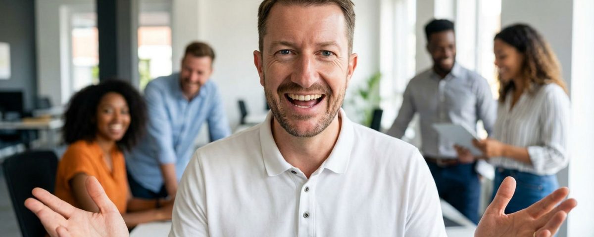 Berater begrüßt mit offener Geste zum kostenlosen Erstgespräch, im Hintergrund arbeitet das Team in einem hellen Büro
