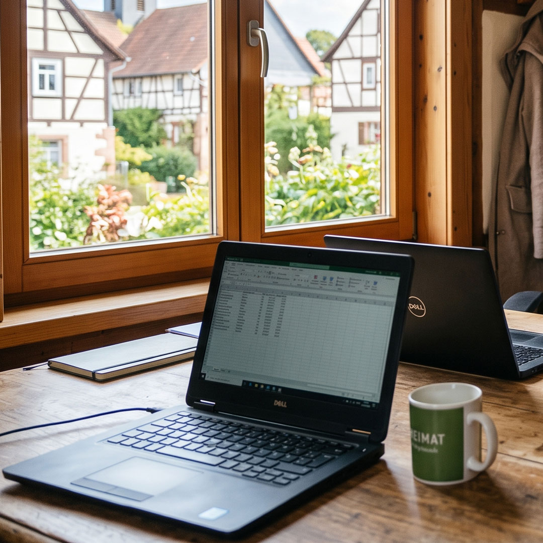 Arbeitsplatz eines kleinen Unternehmens mit Laptop und Zahlenübersicht, Blick aus dem Fenster auf Fachwerkhäuser